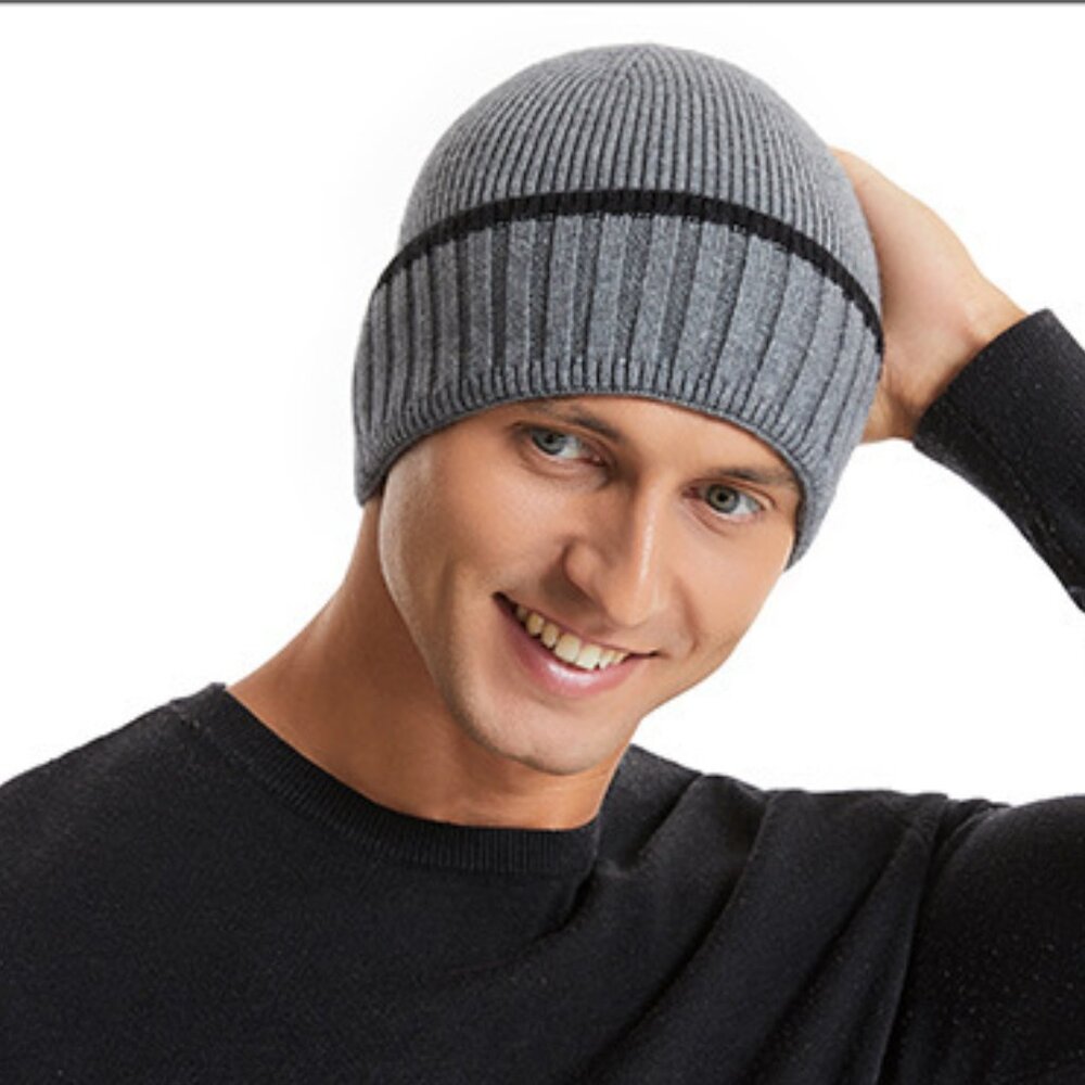 2/$30 Men Gray Ribbed Knit Beanie Hat Black Stripe Cuff Winter Ski Warm Wool